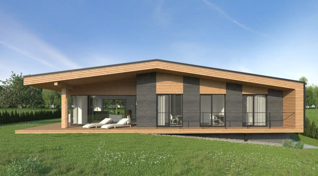 vieno aukšto namo projektas su moderniu dvišlaičiu stogu